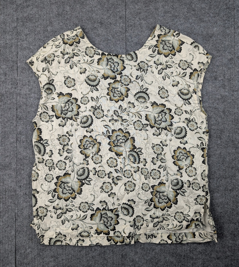 Tahari Linen Blouse Womens XS Floral Coastal Resort Boho Shirt Beach Natural